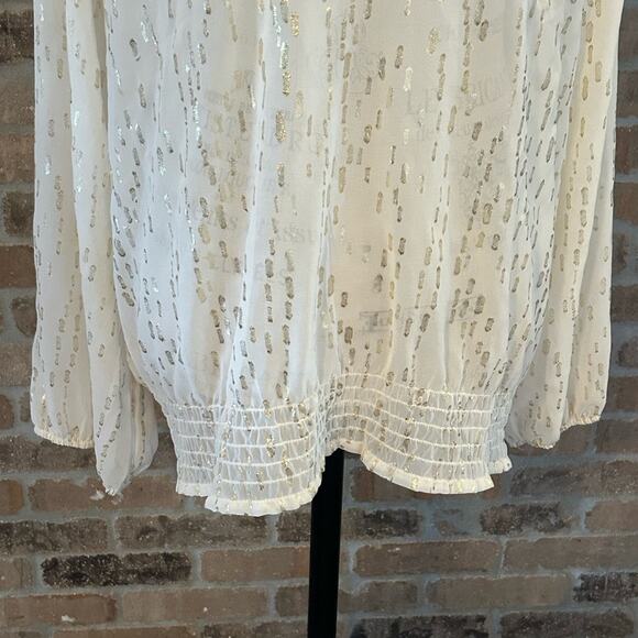 Chicos lustrous dot Quin top keyhole neckline cream gold sz 3 dressy flowy XL 16 - Picture 5 of 10